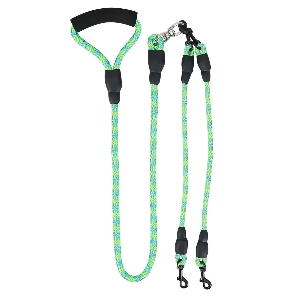The green double dog leash laid out flat, showing the handle, the splitter and both branches