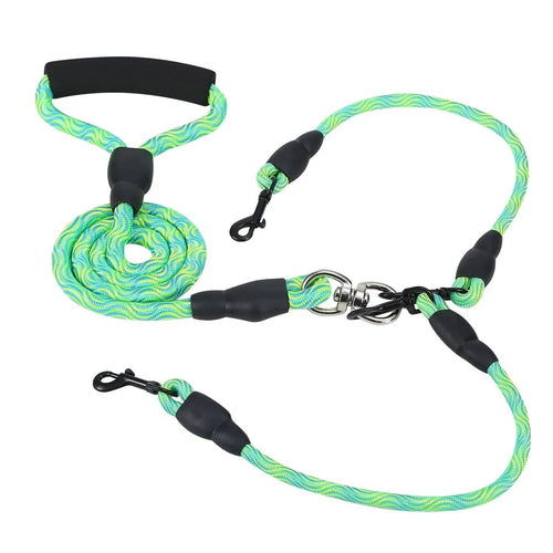 Green Noblias double dog leash coiled to show the foam handle, splitter and two swivel snap hooks