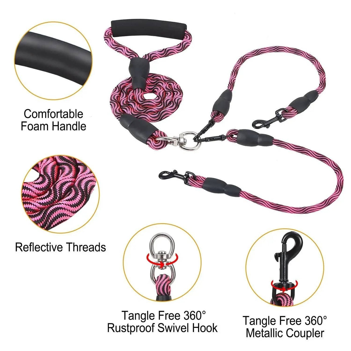 Detail panel naming the comfortable foam handle, reflective threads, tangle free 360 degree rustproof swivel hook and metal coupler