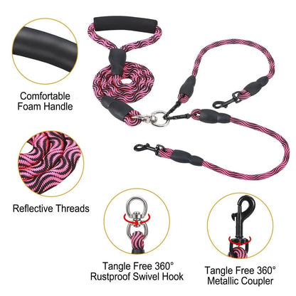 Detail panel naming the comfortable foam handle, reflective threads, tangle free 360 degree rustproof swivel hook and metal coupler