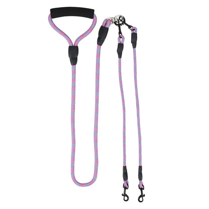 The purple double dog leash laid out flat, showing the handle, the splitter and both branches