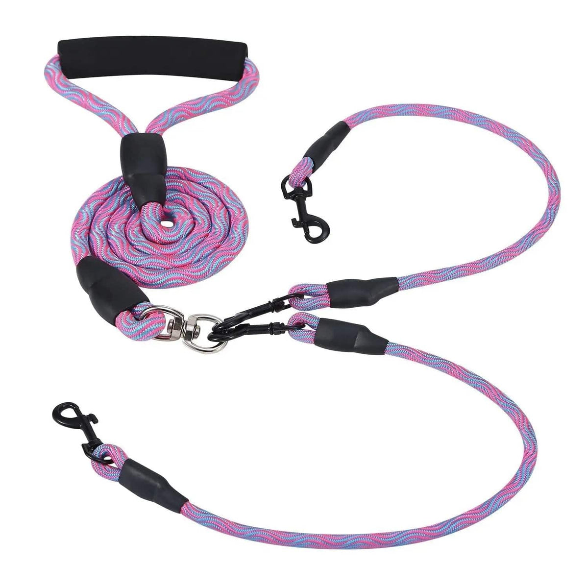 Purple double dog leash coiled to show the foam handle, splitter and two swivel snap hooks