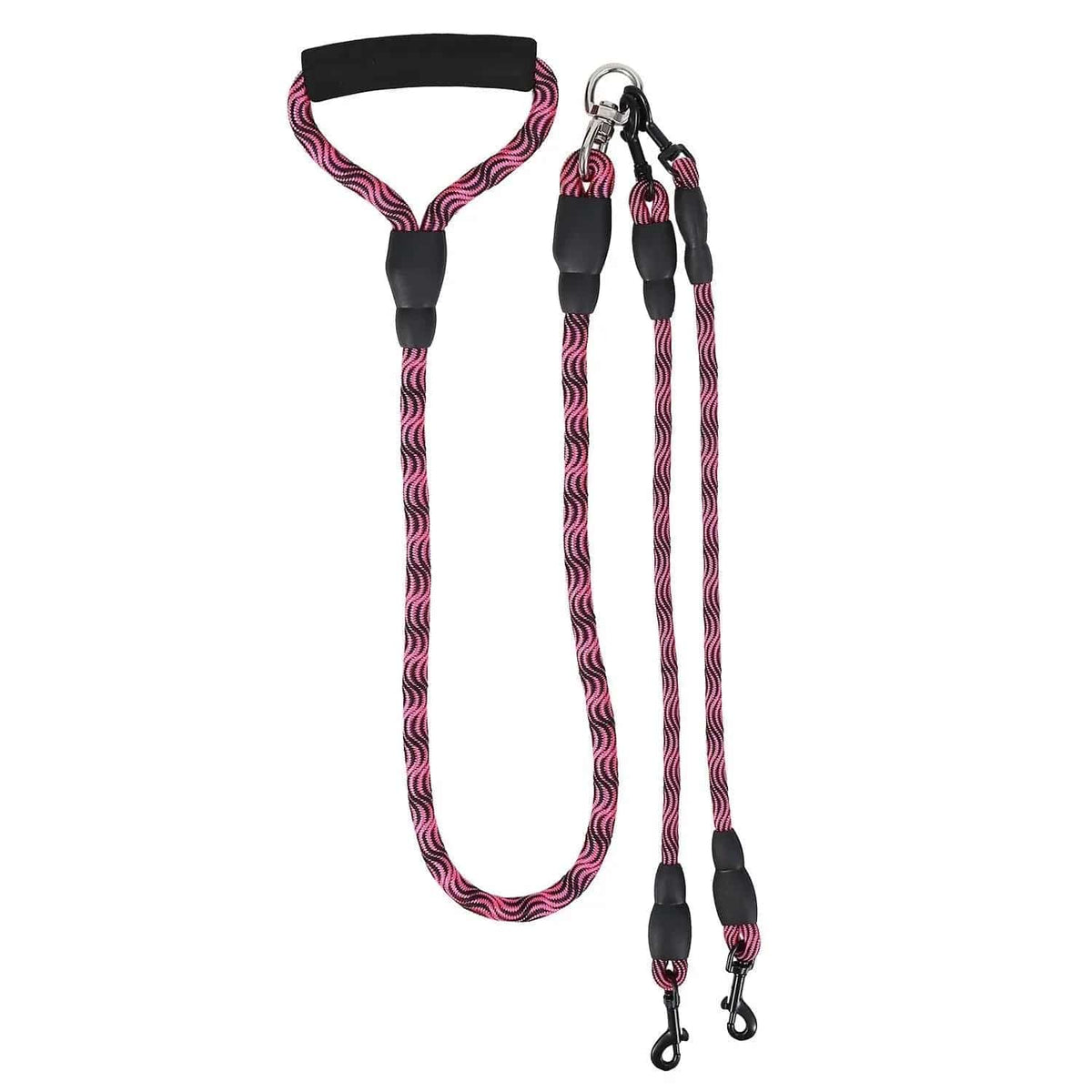 The rose red double dog leash laid out flat, showing the handle, the splitter and both branches
