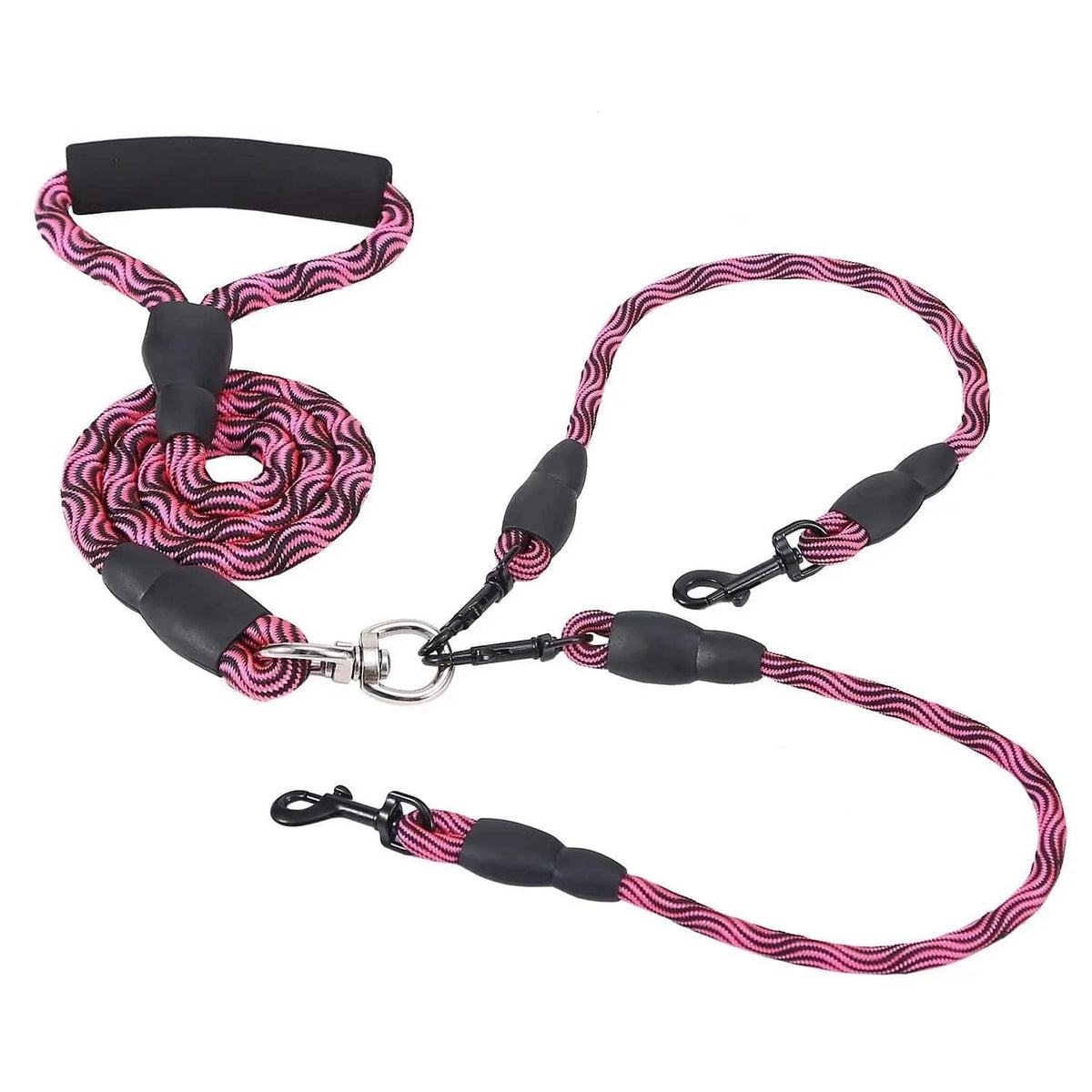 Rose red double dog leash coiled to show the foam handle, splitter and two swivel snap hooks