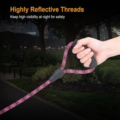 The double dog leash held in a hand at night with its reflective threads lit up along the rope