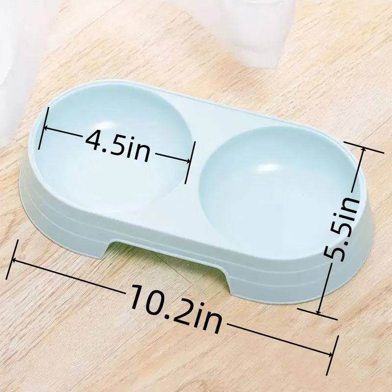 Double pet bowl set measured at 10.2 inches long by 5.5 inches wide, with each dish 4.5 inches across