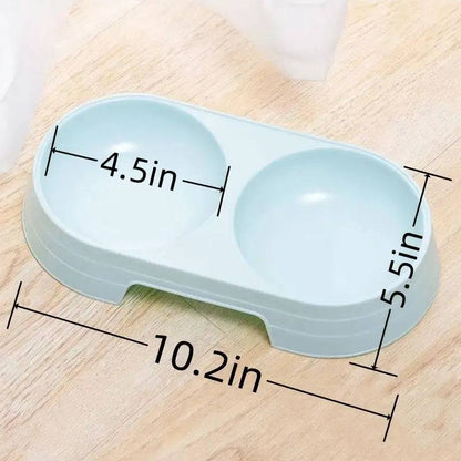 Double pet bowl set measured at 10.2 inches long by 5.5 inches wide, with each dish 4.5 inches across