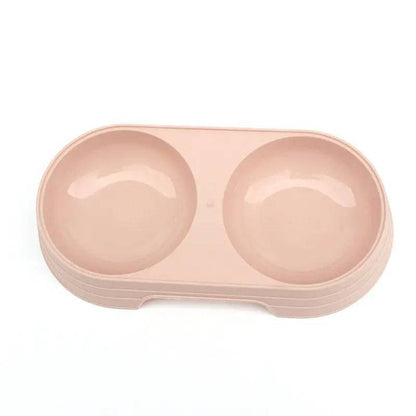 The pink double pet bowl set shown on its own from above