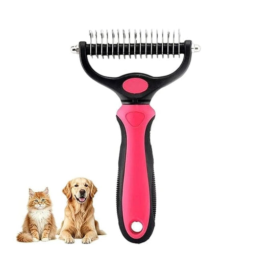 The pink Noblias double sided dematting comb shown head on, with its stainless blades and dense undercoat teeth