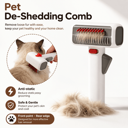 Double sided dematting undercoat brush pulling loose fur from a long haired cat, with anti static, safe and gentle and front point rear edge callouts.
