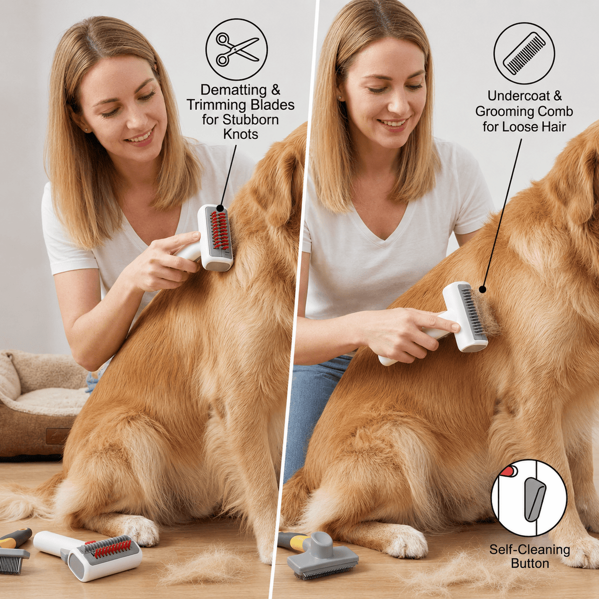 Both sides of the double sided dematting undercoat brush labeled: dematting and trimming blades for knots, undercoat and grooming comb for loose hair, with the self cleaning button marked.
