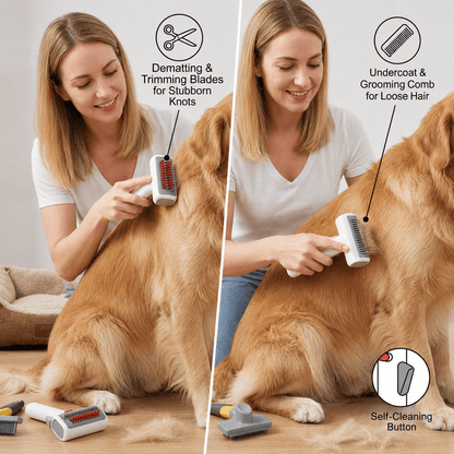 Both sides of the double sided dematting undercoat brush labeled: dematting and trimming blades for knots, undercoat and grooming comb for loose hair, with the self cleaning button marked.
