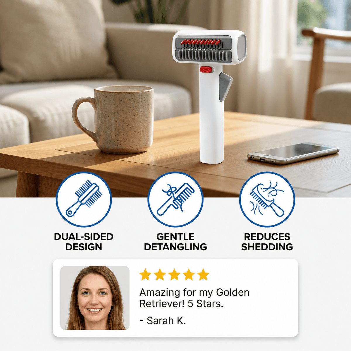 The double sided dematting undercoat brush on a coffee table with dual sided design, gentle detangling and reduces shedding icons and a five star review graphic.