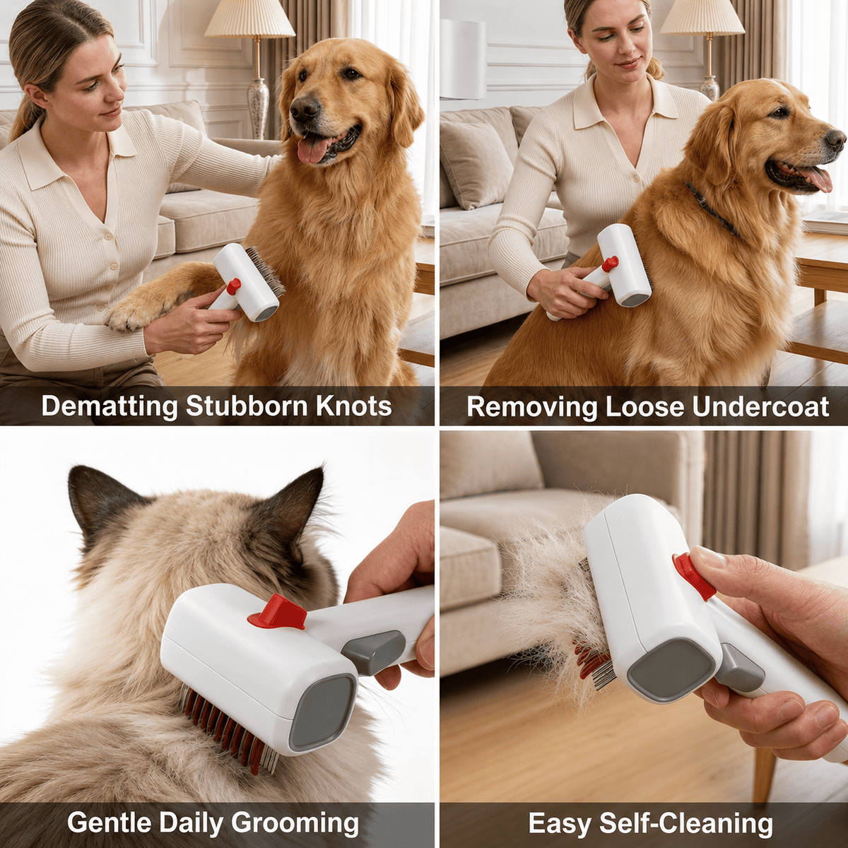 Four uses of the double sided dematting undercoat brush: dematting knots, removing loose undercoat, gentle daily grooming and easy self cleaning.