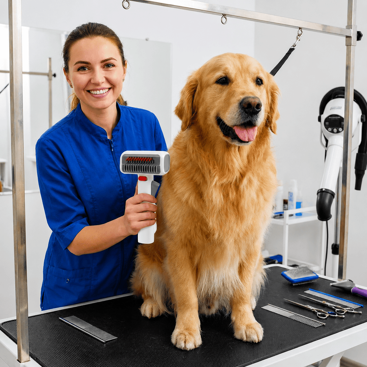 Groomer using the double sided dematting undercoat brush on a golden retriever standing on a grooming table.