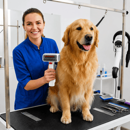 Groomer using the double sided dematting undercoat brush on a golden retriever standing on a grooming table.