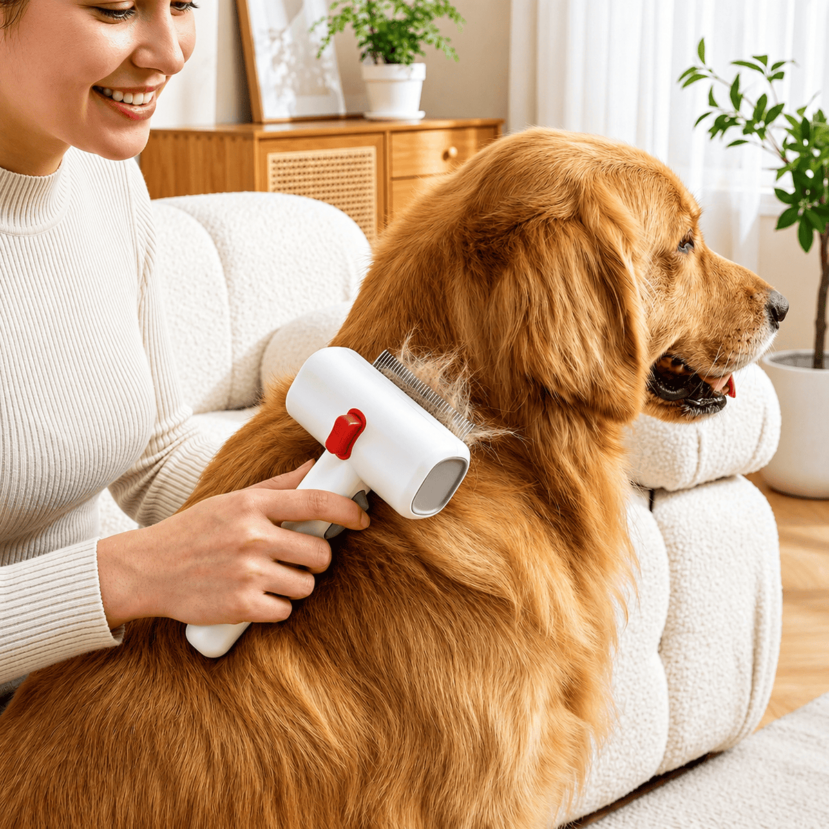 Owner brushing a golden retriever on a sofa with the double sided dematting undercoat brush, loose fur collecting in the pins.