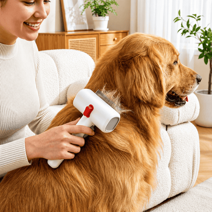 Owner brushing a golden retriever on a sofa with the double sided dematting undercoat brush, loose fur collecting in the pins.