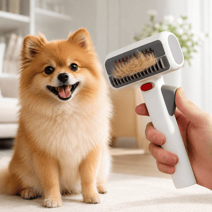 Double sided dematting undercoat brush held in one hand beside a pomeranian, white handle with a red release slider.