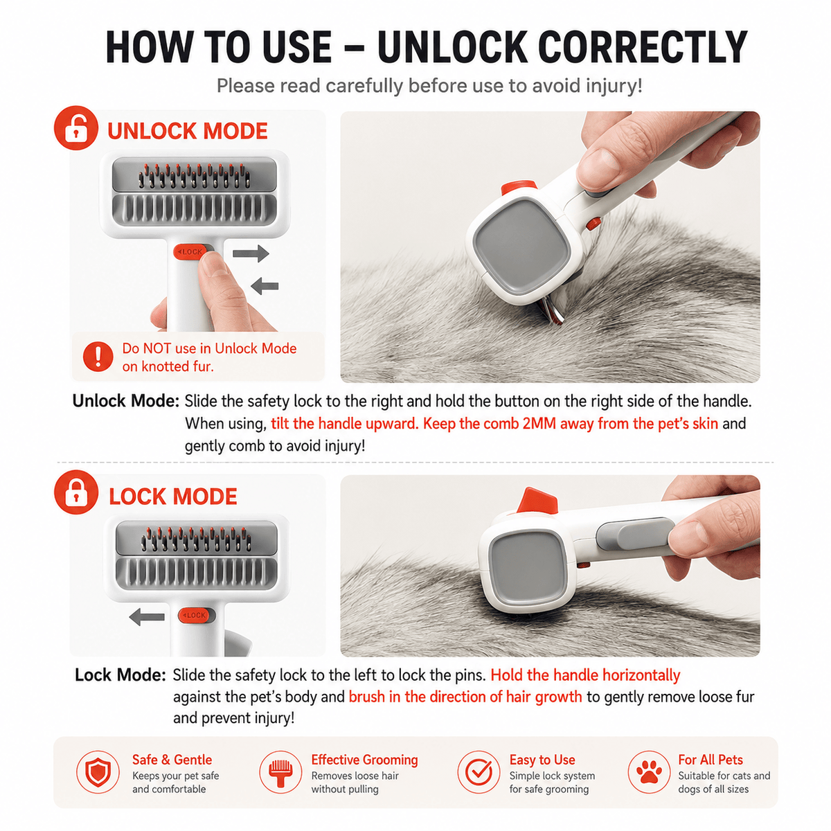 How to use card for the double sided dematting undercoat brush explaining unlock mode and lock mode on the safety slider and how to hold and brush.