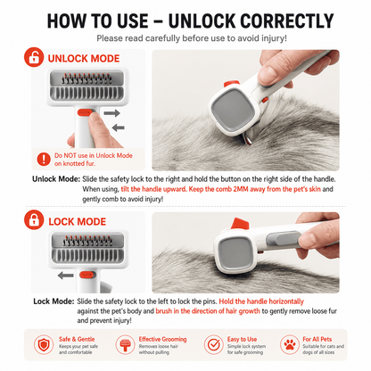 How to use card for the double sided dematting undercoat brush explaining unlock mode and lock mode on the safety slider and how to hold and brush.