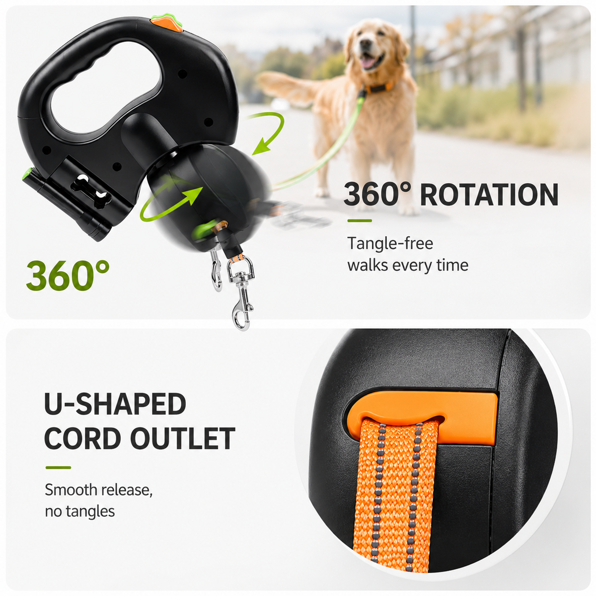 Close-ups of the dual retractable dog leash showing the 360 degree rotating swivel and the U-shaped cord outlet that keeps the two lines from tangling.