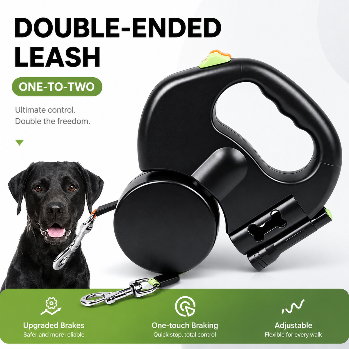 Black dual retractable dog leash with a waste bag holder on the handle, beside a black Labrador, captioned double-ended leash, one to two.