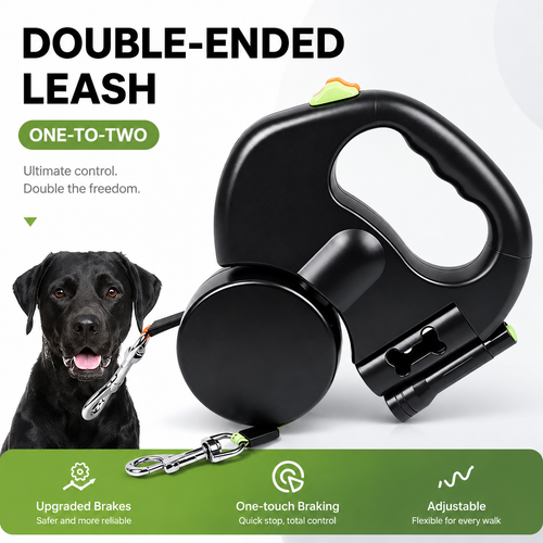 Black dual retractable dog leash with a waste bag holder on the handle, beside a black Labrador, captioned double-ended leash, one to two.