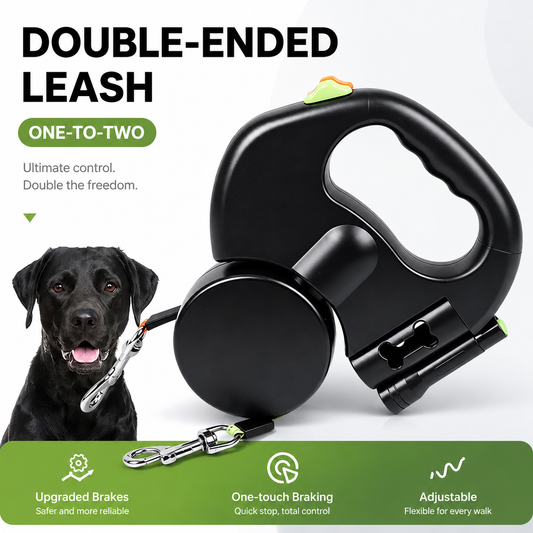 Black dual retractable dog leash with a waste bag holder on the handle, beside a black Labrador, captioned double-ended leash, one to two.