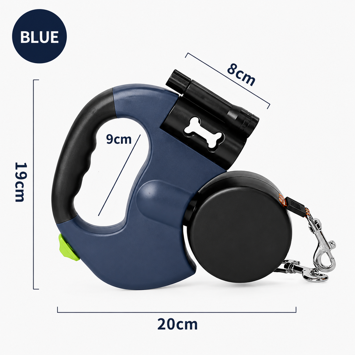 Blue dual retractable dog leash with 19 cm height, 20 cm length and an 8 cm bag holder marked.