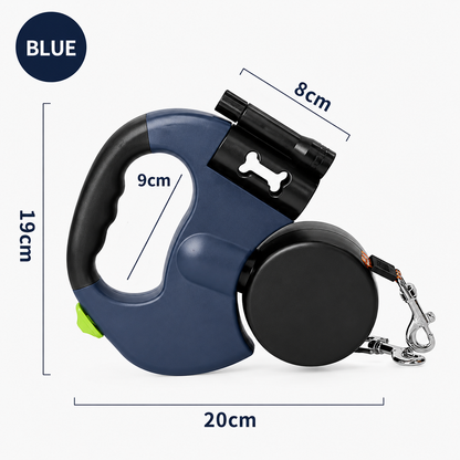 Blue dual retractable dog leash with 19 cm height, 20 cm length and an 8 cm bag holder marked.