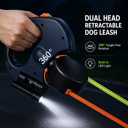 Hand holding the navy dual retractable dog leash at night with the built-in LED light shining and the green and orange lines extended.