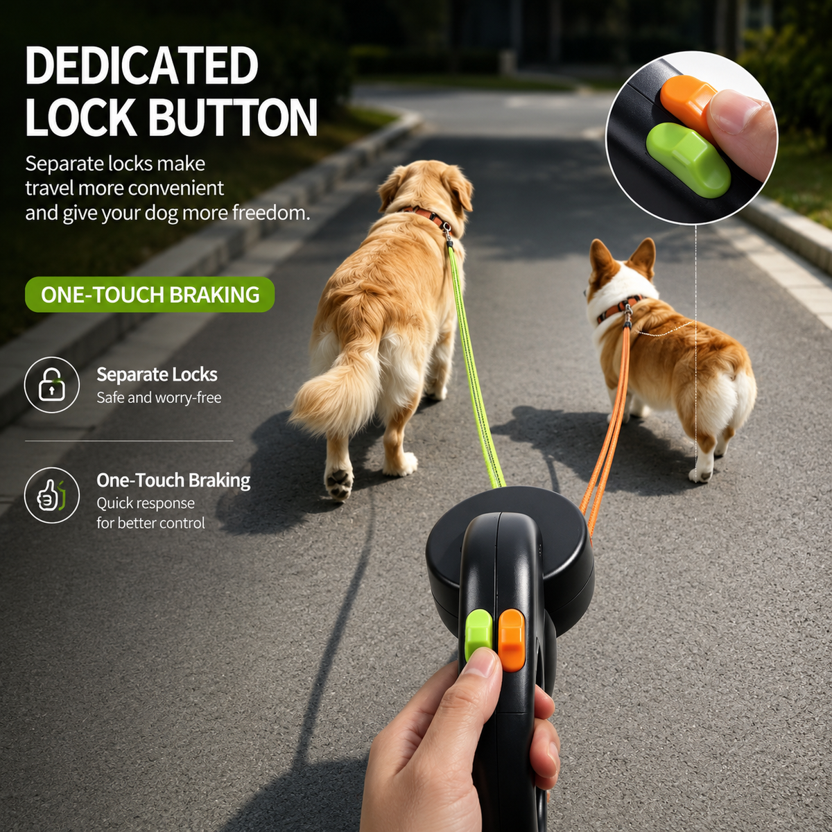 Golden retriever and corgi walking at night on the dual retractable dog leash, with the dedicated one-touch lock button for each line shown.
