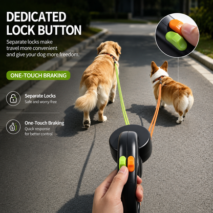 Golden retriever and corgi walking at night on the dual retractable dog leash, with the dedicated one-touch lock button for each line shown.