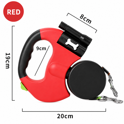 Red dual retractable dog leash with 19 cm height, 20 cm length and an 8 cm bag holder marked.