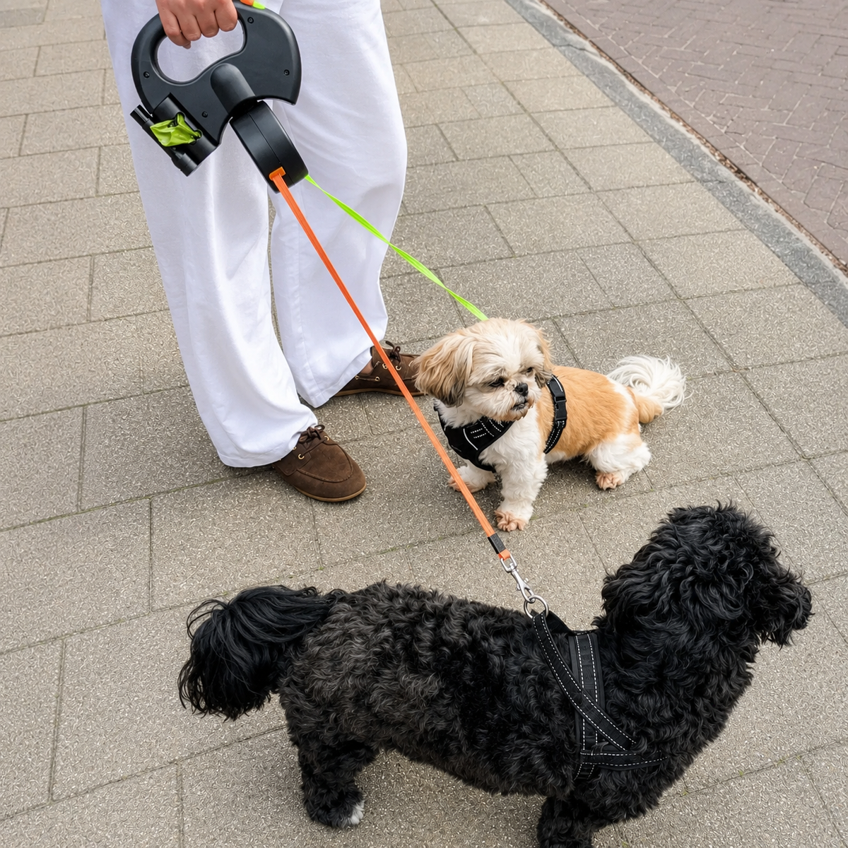 Owner walking a shih tzu and a black doodle on the two lines of the dual retractable dog leash along a sidewalk.
