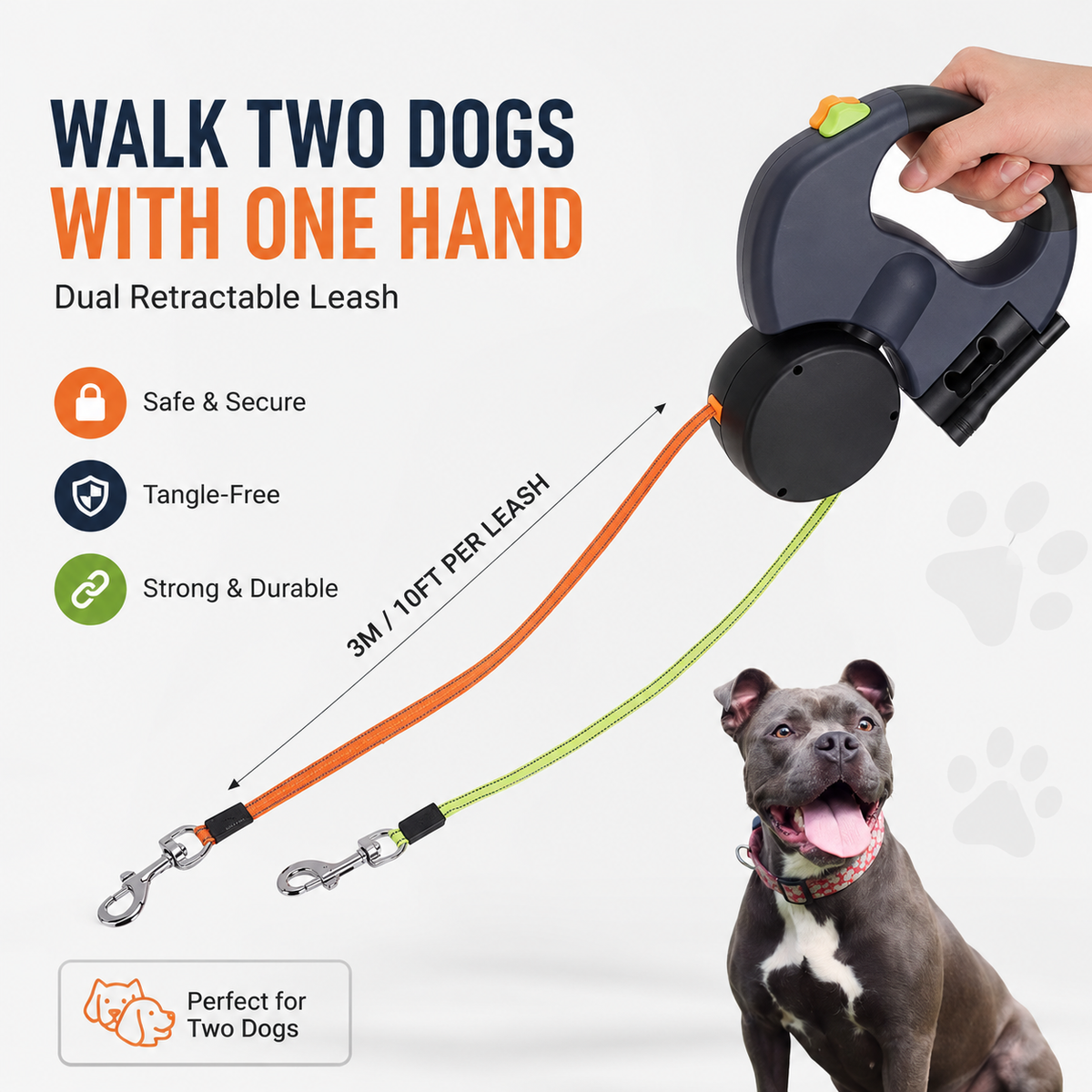 Black dual retractable dog leash with two lines of 3 meters or 10 feet each, captioned walk two dogs with one hand.
