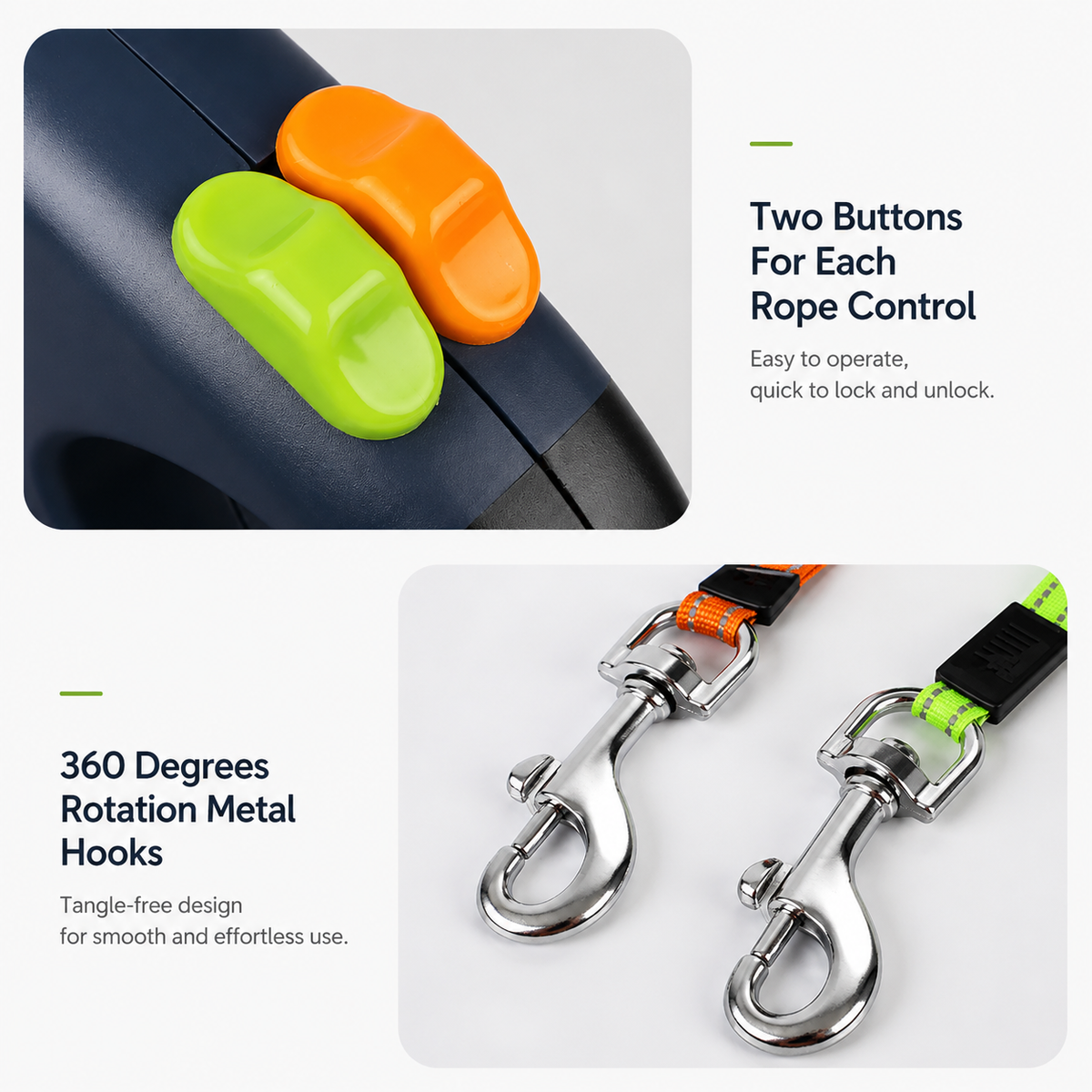 Green and orange control buttons on the navy dual retractable dog leash, one for each line, and the two 360 degree rotating metal hooks.