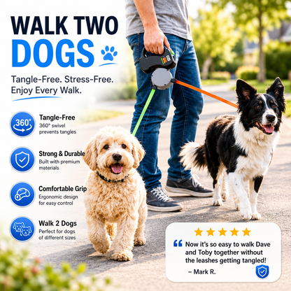 Owner walking a doodle and a border collie on the dual retractable dog leash, with tangle-free swivel, durable and comfortable grip icons.