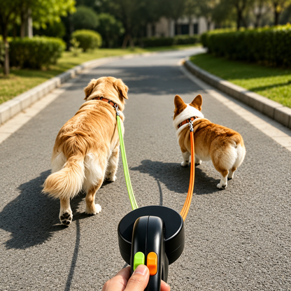 View from the handle of the dual retractable dog leash as a golden retriever and a corgi walk ahead on the green and orange lines.