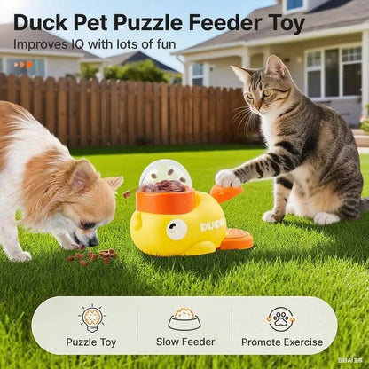 A dog and a cat playing with the Noblias duck puzzle feeder on a lawn, labeled puzzle toy, slow feeder and exercise.