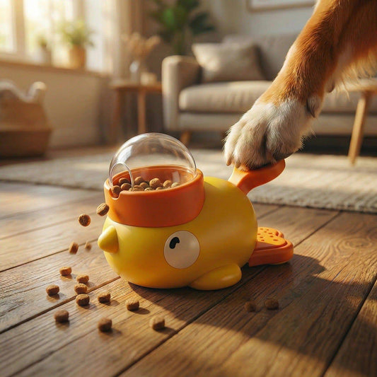Dog's paw pressing the button on the yellow Noblias duck treat dispenser, with kibble scattered on the floor.