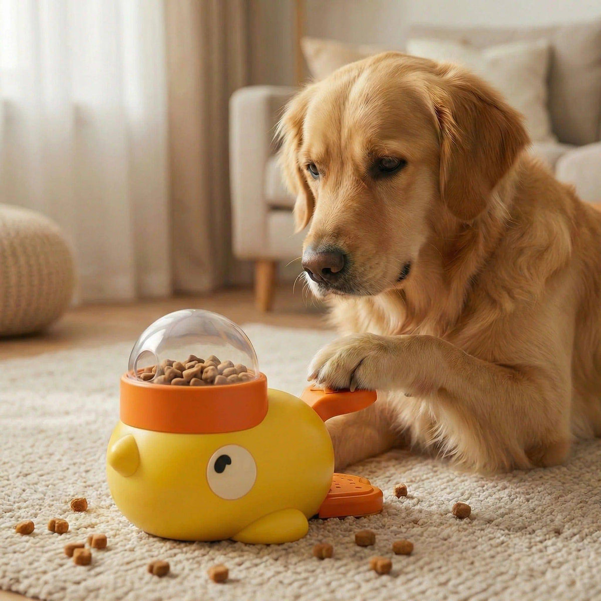 Golden retriever nosing the Noblias duck treat dispenser on a wooden floor.