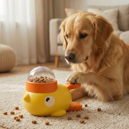 Golden retriever nosing the Noblias duck treat dispenser on a wooden floor.