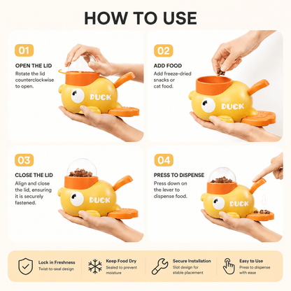 Four steps for the Noblias duck treat dispenser: twist the lid open, add food, close the lid and press the lever to dispense.