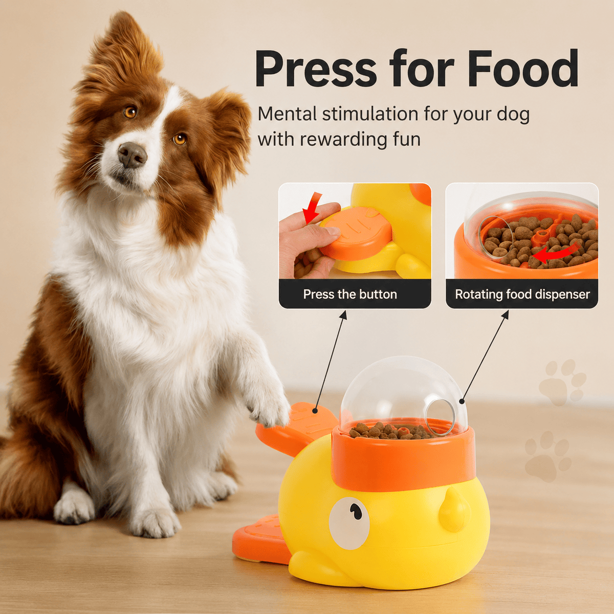 Border collie beside the Noblias duck treat dispenser, showing the press button and the rotating food chamber.