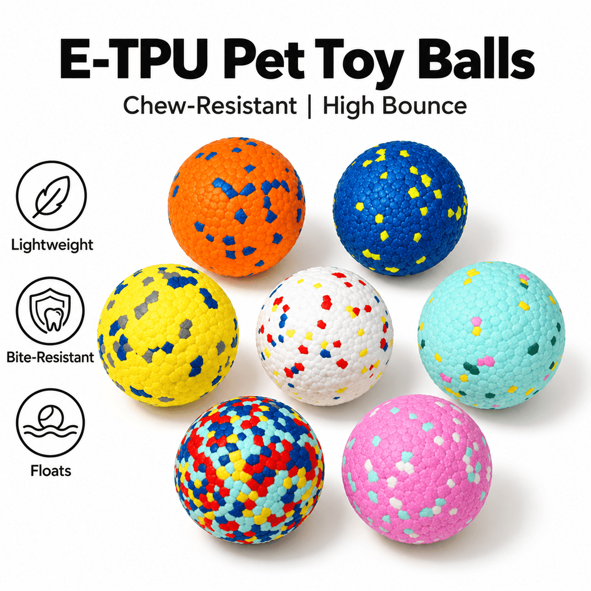 Seven speckled E-TPU durable dog chew balls in orange, blue, yellow, white, mint, multicolour and pink.