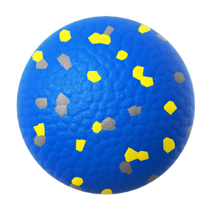 Blue durable dog chew ball with yellow and grey speckles on a white background.