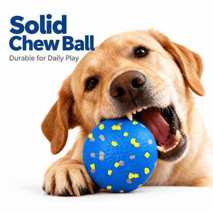 A golden retriever chewing the blue speckled durable dog chew ball.