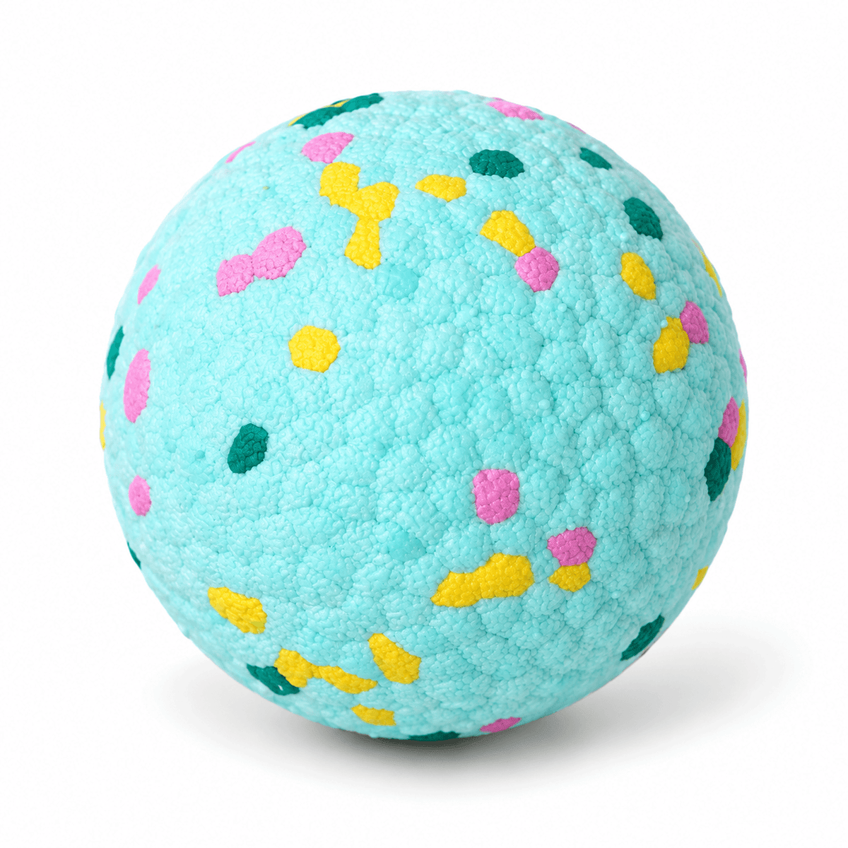 Mint green durable dog chew ball with pink, yellow and teal speckles on a white background.
